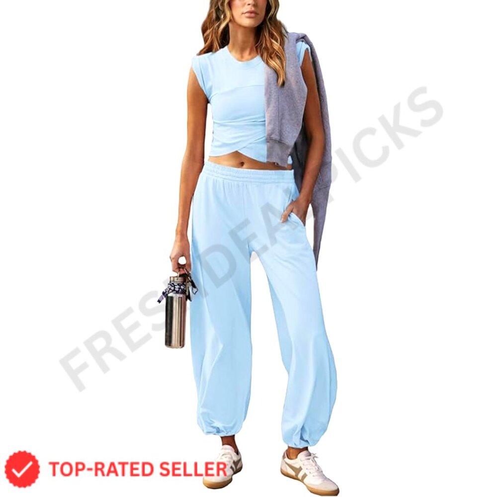 Light Blue Sleeveless Cropped Top & Jogger Set - Women